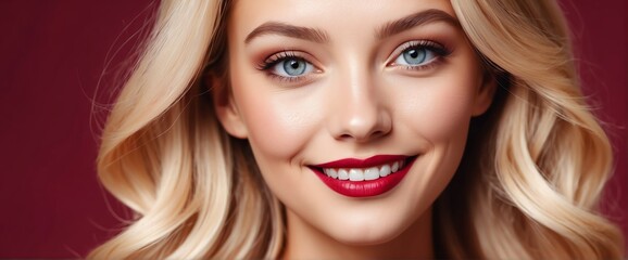 Fototapeta premium Bright Burgundy Red background Portrait of blonde caucasian smiling beautiful woman with smooth clean face glowing skin youth skin care ad concept from Generative AI