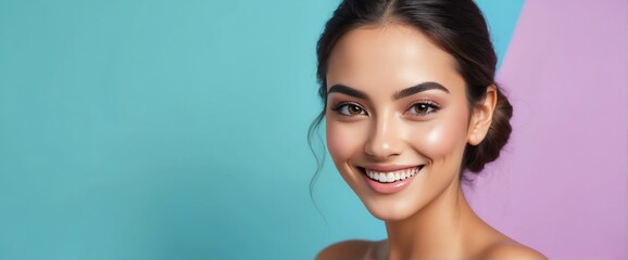 Bright Colorful background Portrait of hispanic mexican smiling beautiful woman with smooth clean face glowing skin youth skin care ad concept from Generative AI