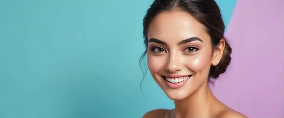 Fotobehang Bright Colorful background Portrait of hispanic mexican smiling beautiful woman with smooth clean face glowing skin youth skin care ad concept from Generative AI © Arceli