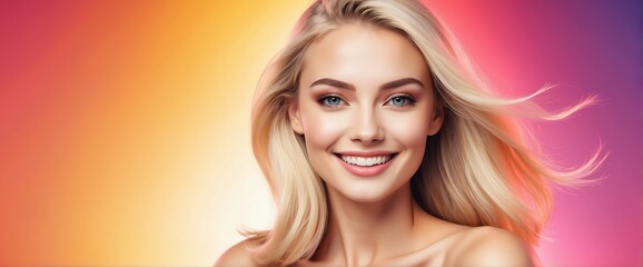 Naklejka premium Bright Colorful background Portrait of blonde caucasian smiling beautiful woman with smooth clean face glowing skin youth skin care ad concept from Generative AI
