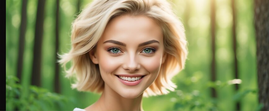 Bright Forest Green background Portrait of blonde caucasian smiling beautiful woman with smooth clean face glowing skin youth skin care ad concept from Generative AI