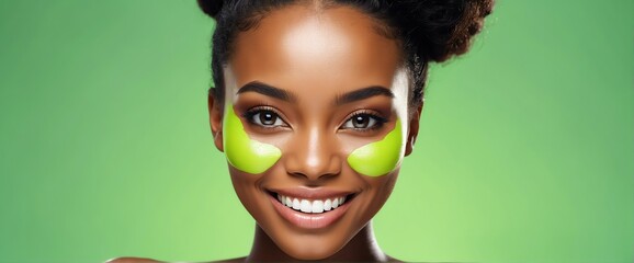 Bright Lime Green background Portrait of black african smiling beautiful woman smooth clean face glowing skin youth skin care ad concept from Generative AI - obrazy, fototapety, plakaty