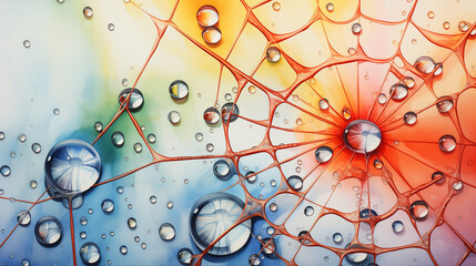 A macro watercolor depicts dewdrops on a spiderweb, capturing shimmering reflections and intricate threads.