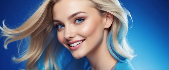 Bright Royal Blue background Portrait of blonde caucasian smiling beautiful woman with smooth clean face glowing skin youth skin care ad concept from Generative AI