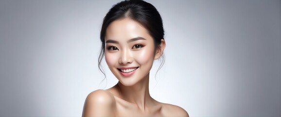 Bright Silver background Portrait of asian smiling beautiful woman smooth clean face glowing skin youth skin care ad concept from Generative AI