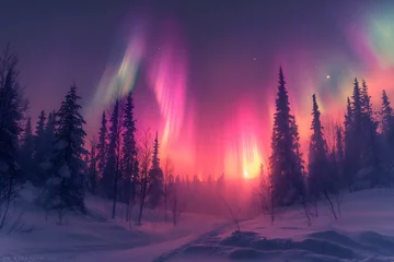 Photo sur Plexiglas Aubergine Northern lights above snow trees. Winter landscape with mountains and forest. Aurora borealis with starry in the night sky. Fantastic Winter Epic Magical Landscape. Gaming RPG background