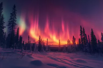 Crédence de cuisine en verre imprimé Violet Northern lights above snow trees. Winter landscape with mountains and forest. Aurora borealis with starry in the night sky. Fantastic Winter Epic Magical Landscape. Gaming RPG background