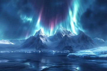 Northern lights and Winter landscape with mountains and forest. Aurora borealis with starry in the night sky. Fantastic Winter Epic Magical Landscape. Gaming RPG background - obrazy, fototapety, plakaty