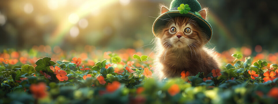 Whimsical ginger cat with a green hat sits amidst vibrant flowers basking in sunset's glow