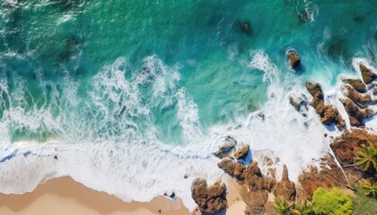 Aerial view of a paradise beach where the sea waves break on the shore. Top view of a beautiful sandy coast with turquoise blue water and white foam on sunny day. Summertime, traveling, holidays.