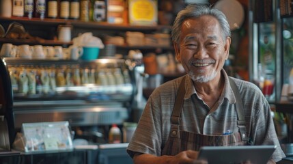 Portrait of a happy coffee shop worker with a tablet
