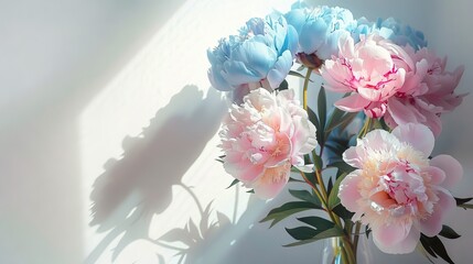 bouquet of blue and pink peonies in a vase