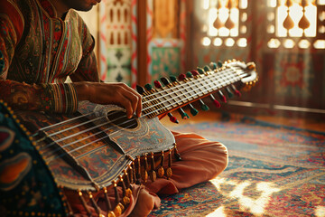 Traditional Musician Playing Sitar in Ornate Room, Artistic Cultural Representation