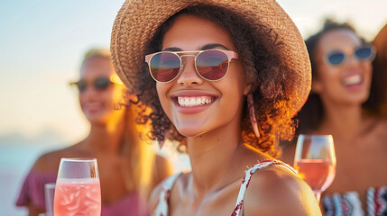 Happy young black woman at a summer beach party smiling and holding a cocktail or wine