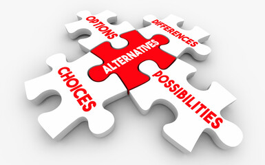Alternatives Puzzle Pieces Choices Options Differences Possibilities 3d Illustration