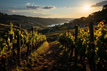 Sunset over vineyard with lake, creating picturesque natural landscape