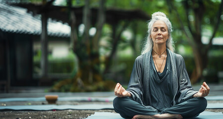 A woman in her 50s practicing meditation and yoga in a calm
