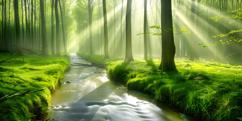Floresta exuberante com riacho fluindo e luz solar filtrando entre as árvores - obrazy, fototapety, plakaty
