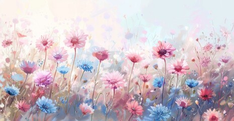 Fototapeta na wymiar pastel colored field of daises in alcohol style painting, on a white background