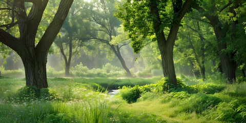 Floresta exuberante com riacho fluindo e luz solar filtrando entre as árvores - obrazy, fototapety, plakaty