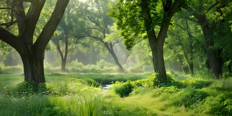Gordijnen Floresta exuberante com riacho fluindo e luz solar filtrando entre as árvores © Alexandre