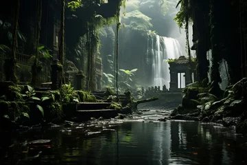 Afwasbaar Fotobehang Berkenbos A stunning waterfall surrounded by lush jungle plants and trees