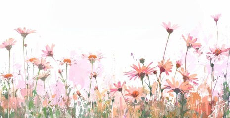 pastel colored field of daises in alcohol style painting, on a white background