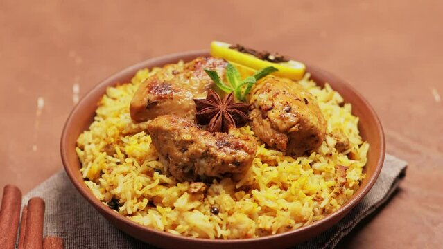 Indian Dish Chicken Biryani with Basmati Rice on Brown Background, Panning Camera Shot