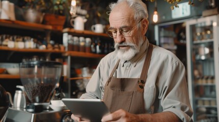 Fototapeta na wymiar Portrait of a happy coffee shop worker with a tablet