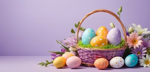 Easter basket filled with decorated eggs among spring flowers on a purple background with copy space