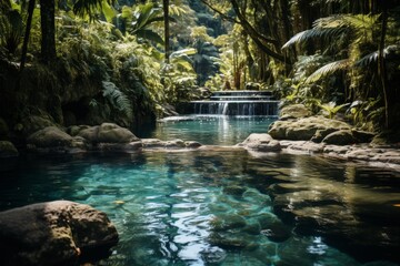 A serene waterfall flows in a lush green forest, surrounded by rocks and trees