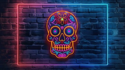 Obraz na płótnie Canvas A neon sign in the shape of a colorful Day of the Dead skull against a dark brick wall background, with a glowing rectangular neon border, creating a vibrant and edgy atmosphere.