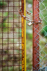 Padlock and chain on worn door