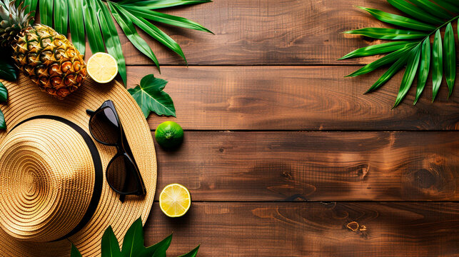 summer background of palm leaves and fruits