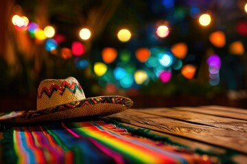 A rustic wooden table in the foreground with a blurred background featuring a festive Mexican tablecloth, a sombrero and colorful lights, creating a warm, inviting atmosphere of a celebration.