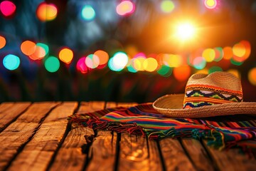 A rustic wooden table in the foreground with a blurred background featuring a festive Mexican tablecloth, a sombrero and colorful lights, creating a warm, inviting atmosphere of a celebration.