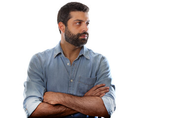 bearded young man in casual outfit on cutout background