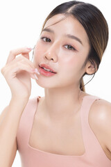 Close-up portrait of young Asian beautiful woman with K-beauty make up style and healthy and perfect skin. Facial and skin care concept for commercial advertising.