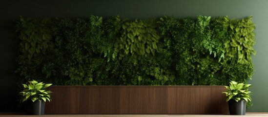 Two potted terrestrial plants are placed in front of a wall covered with lush greenery, creating a natural landscape with hardwood flooring and grass accents
