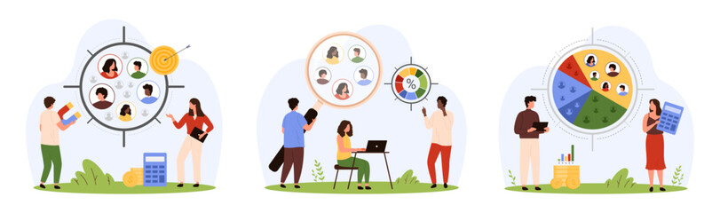 Target audience research set. Tiny people study focus group of customers with magnifying glass, attract with magnet with marketing analysis of clients in pie chart cartoon vector illustration - obrazy, fototapety, plakaty
