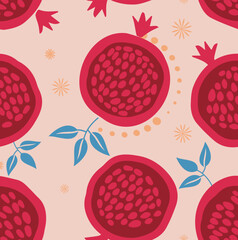 Seamless vector red pomegranate pattern illustration. Vector pomegranate pattern on pink background. Pomegranate wallapaper.