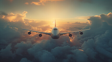 A Jumbo jet airplane flying gracefully through a breathtaking cloudy sky during a vibrant sunset.