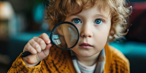 Curious Child Exploring World Through Magnifying Glass, Discovering Details - obrazy, fototapety, plakaty