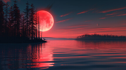 Lake landscape with a red moon with reflection, 4K wallpaper