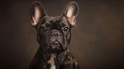 close-up portrait of a brindle french bulldog with attentive gaze