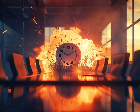 Exploding clock in a boardroom intense action