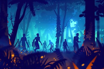 Gold-thirsty zombies in a dark forest misty ambiance