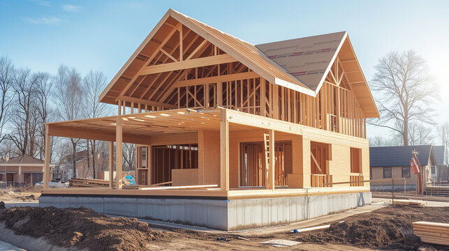 Wooden house under construction. Frame house from boards. Construction of house from wooden beam.