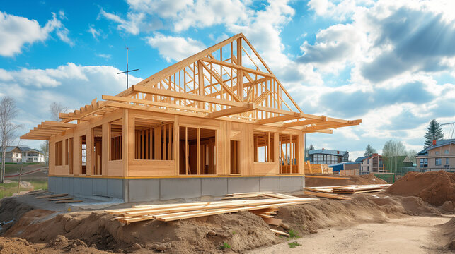 Wooden house under construction. Frame house from boards. Construction of house from wooden beam.