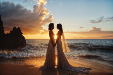 Fototapeta na wymiar Silhouetted lesbian couple in wedding attire holding hands on a beach at sunset